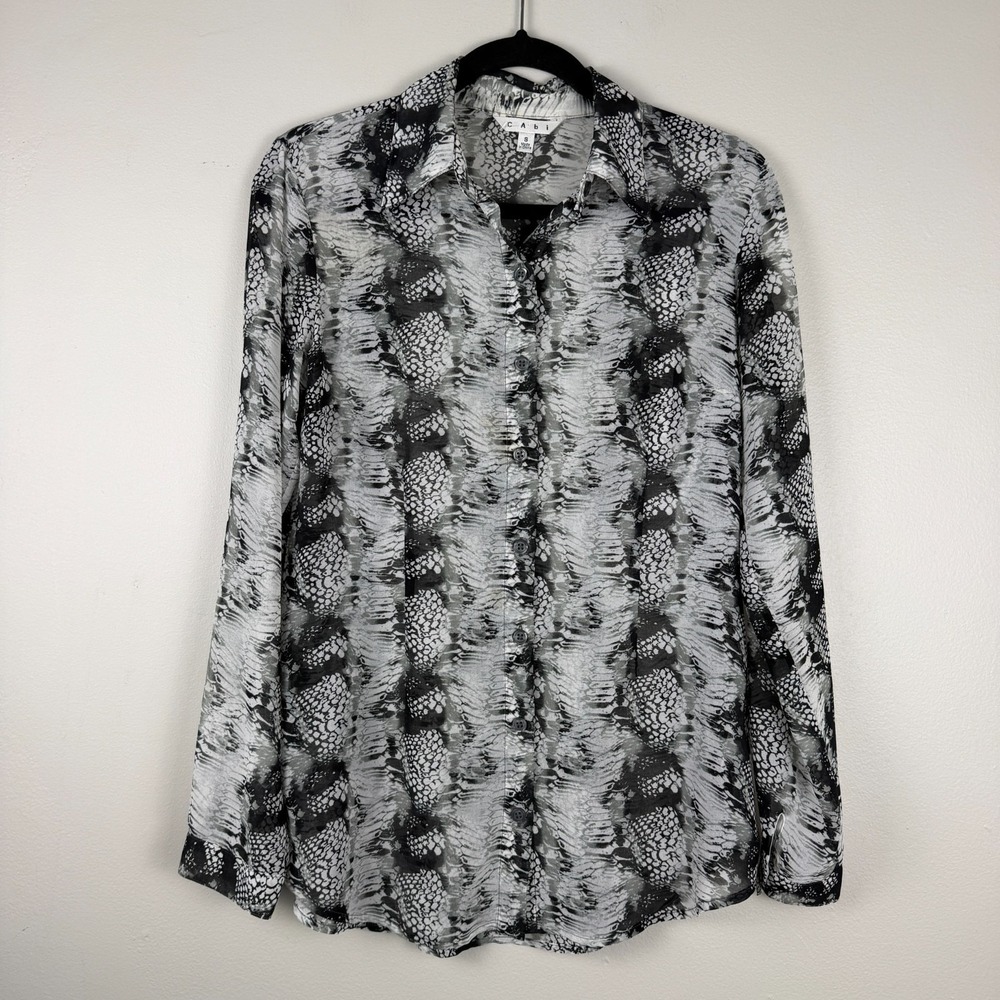 Cabi Sheer Top Women's Small Gray Black Snakeskin Long Sleeve Collared Button-Up